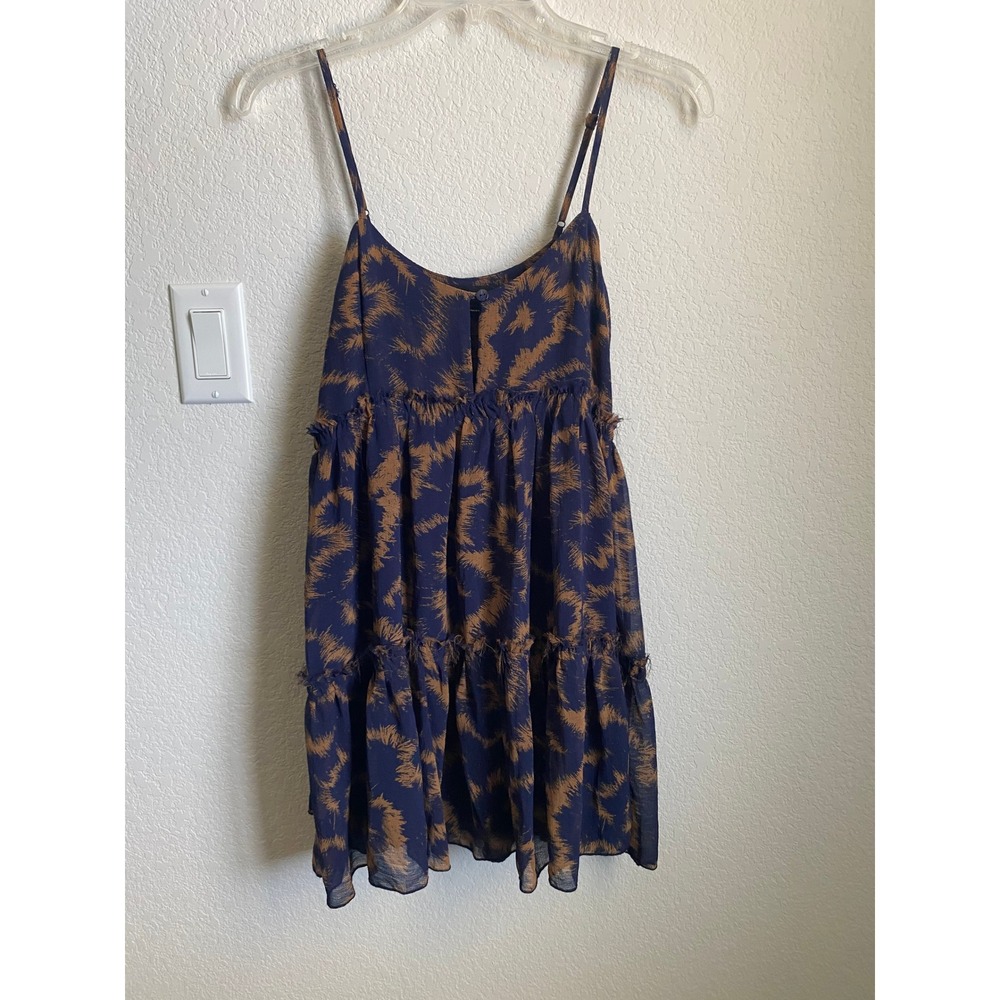 Women Tiered Abstract Print Ethereal Boho Mini Dress Size XS Blue Tan